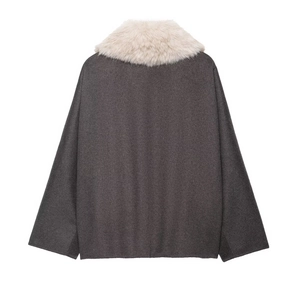 Detail shot of a dark gray jacket showing high-quality faux fur collar texture on back