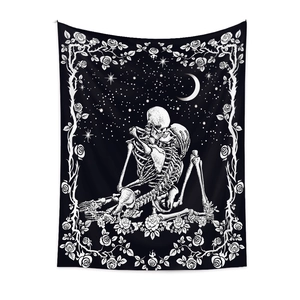 Gothic skull and rose tapestry wall hanging with starry night celestial pattern