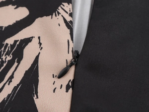 Detail of invisible zipper and stitching on floral printed high waist dress