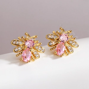 Paio di orecchini a perno a forma di ape placcati oro con zirconi rosa e bianchi da donna