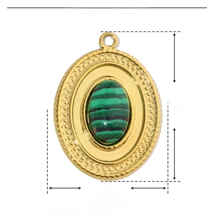 Detail view of 28x20mm vintage green natural stone pendant in gold stainless steel frame
