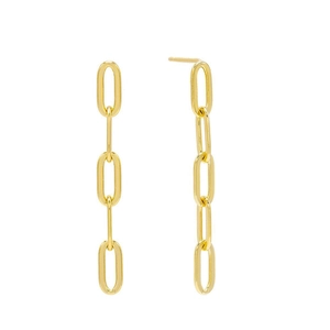 Detail view of gold-tone paperclip link drop earrings featuring four interconnected oval loops