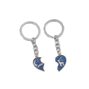 Couples whale and deer heart-shaped blue enamel keychains with silver metal finish