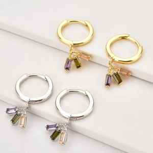 S925 silver needle hoop earrings with gold and silver finish and colorful zircon charms