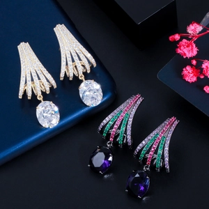 Elegant brass drop earrings featuring fan-shaped design with colorful cubic zirconia