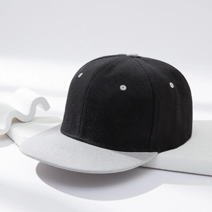 Classic black and grey contrast flat brim snapback hat with textured cotton finish
