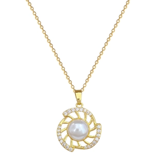 Titanium steel necklace with rotating pearl and zircon swirl pendant on white background