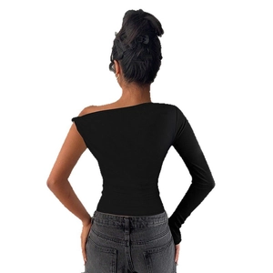 Slim fit black one-shoulder long sleeve top for women with twisted knot back detail