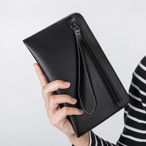 Classic black PU leather long clutch bag with wrist strap and zipper pocket