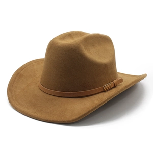 Classic tan suede western cowboy hat with wide brim and gold arrow metal accessory