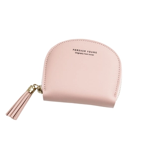 Pink semi-circle shell coin purse with tassel and Forever Young logo on white background