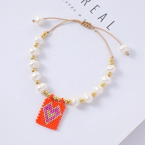Bohemian pearl bracelet with heart beaded charm and adjustable cord for women