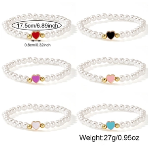 Set de pulseras de perlas minimalistas con dijes de corazones de esmalte en seis colores