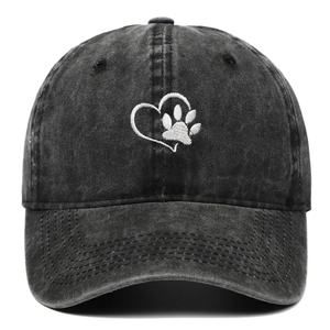 Washed dark grey baseball cap with white embroidered heart and paw print design