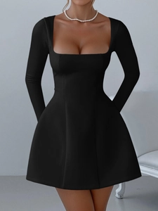 Elegant black long-sleeved A-line dress with square neckline for evening cocktail parties