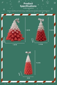 Christmas tree scented candles in three sizes with red and white gradient leaf texture