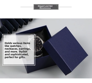 Deep blue square watch box with cross-grain texture and black foam interior