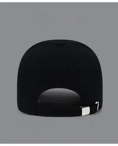 Rear view of baseball cap featuring adjustable silver buckle and premium fabric texture