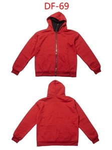 Detail view of red double-layered zip-up hoodie with hood and kangaroo pocket