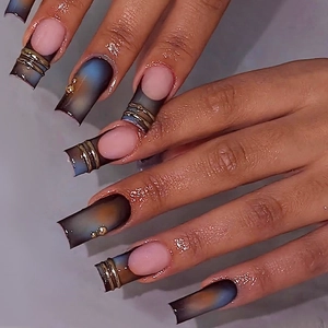 Press On Nails Long Coffin Fake Nails Smudge Gradient French Tip Metallic Ring Decor Artificial Nails For Women Trendy Star Design