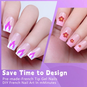 Pre-made French tip gel nails with purple flame and red flower patterns for DIY art