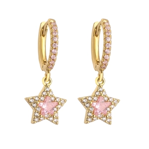 Detail of gold star pendant earrings with micro-paved pink zircons and hoop clasp