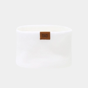 Detailed view of white knitted neck warmer with a brown leather DAD patch for men