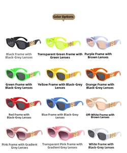 Close-up of retro oval sunglasses with golden circular temple accents in various colors