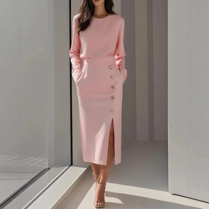 Pink long sleeve top and split skirt set with button detail and minimalist design