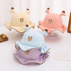 Baby adjustable drawstring bucket hat with cute 3D reindeer antlers and bow tie