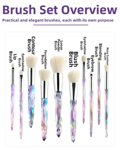 Detail showing 10pcs crystal makeup brush set with diamond cut handles and soft fiber bristles