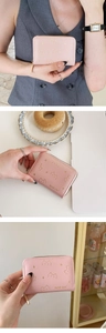 Detailed views of pink PU leather cat wallet featuring cute cat embossed pattern