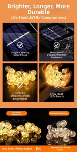 Solar powered warm yellow LED bubble globe string lights with waterproof solar panel