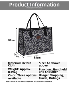 Detailed size chart for the leopard print oxford tote bag with dimensions and weight info
