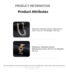 Detailed specs of multi-layer faux pearl necklace set with rhinestone clasps and dimensions