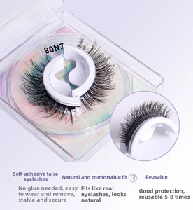 Macro detail of self-adhesive 80N7 false eyelashes in a holographic rainbow display box
