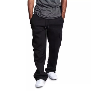 Men's loose multi-pocket cargo pants in black with a classic straight cut and streetwear style