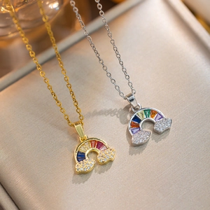 Chic rainbow cloud pendant necklace set in gold and silver with colorful zirconia stones