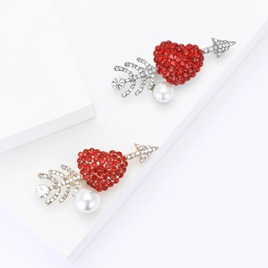 Fashion Brooch Pin Alloy Heart Shape Red Rhinestone Cupid Arrow Through Heart With Imitation Artificial Pearl For Suits Sweaters Women