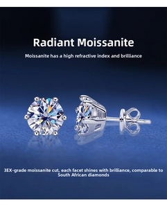 Detailed macro view of 3EX cut moissanite stud earrings in classic 6-prong silver setting