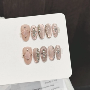 Pink Cat Eye Press On Nails Glossy Rhinestone Cross Pattern Almond Shape Handmade Elegant False Nails For Women