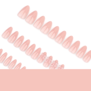 Faux ongles amande rose nude brillants avec nceuds 3D et décorations en strass