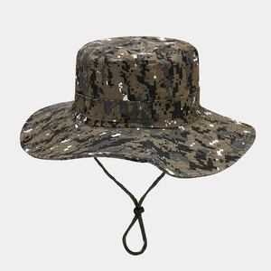 Detail view of the digital camouflage fabric texture and adjustable chin strap on bucket hat