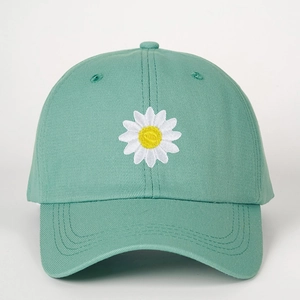 Adjustable light green cotton baseball cap featuring high-quality daisy flower embroidery