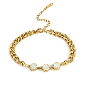 Golden titanium steel bracelet with flat snake chain, Cuban links and shell inlay