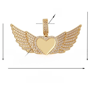 Detail view of 46mm gold plated heart with angel wings pendant and size dimensions