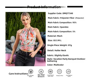 Detailansicht des rosa geblümten Mesh-Neckholder-Tops aus Polyester und Elasthan
