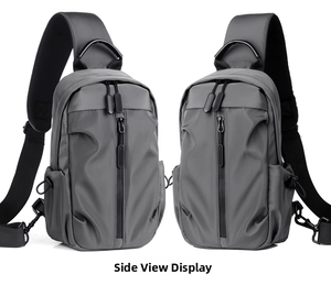 Detail view showing side structure and waterproof nylon texture of the gray chest bag