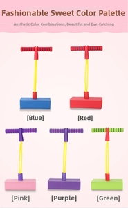 Detail of colorful foam pogo jumper toys for kids in blue red pink purple and green