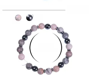 Detail showing 8mm natural stone beads and heart charm on 6.6-8.5 inch perimeter bracelet